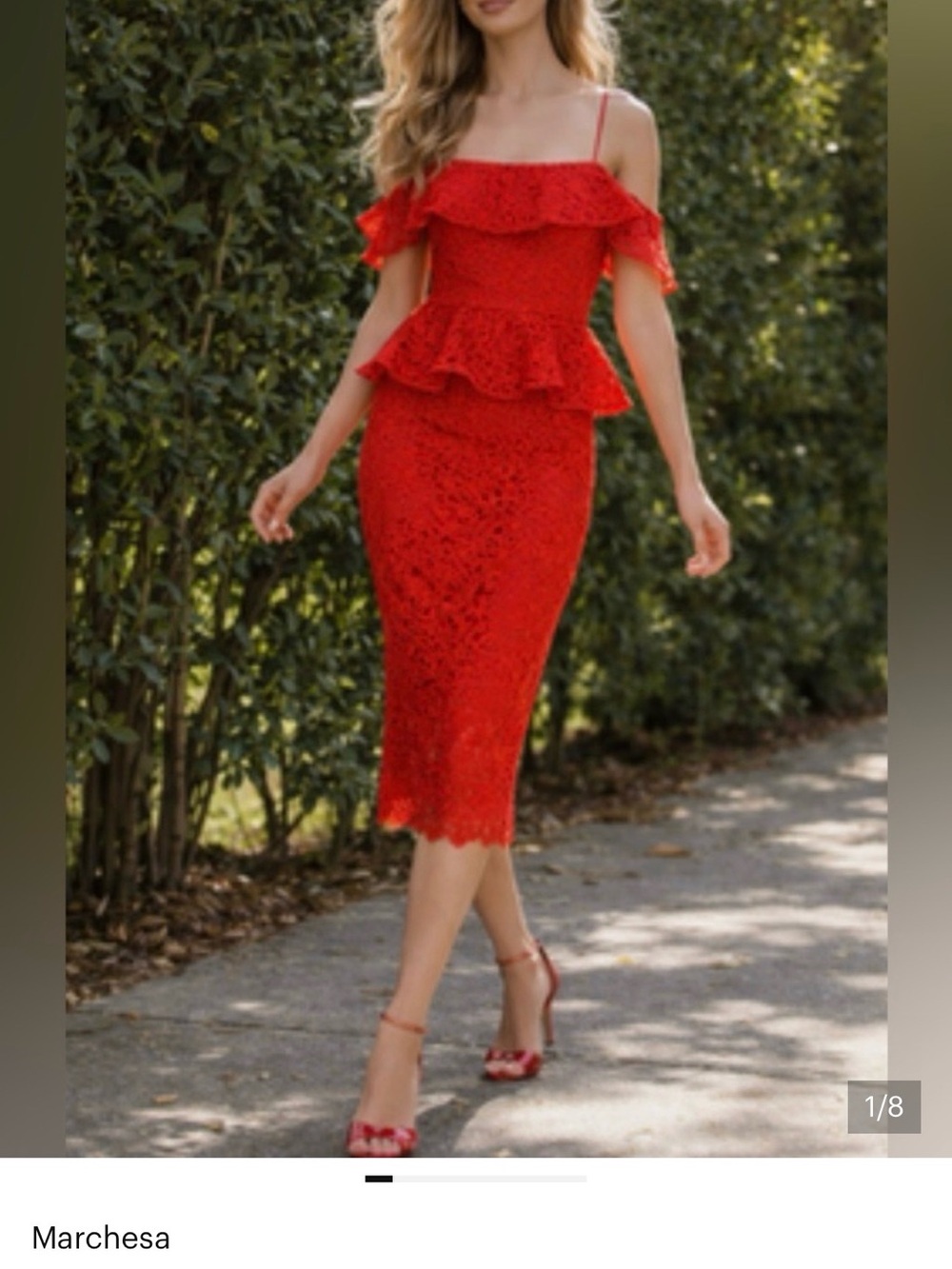 Marchesa Red Lace Off-Shoulder Peplum Midi Dress